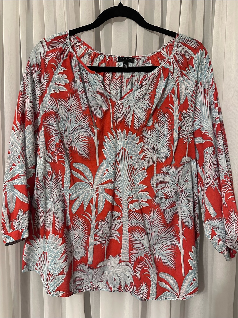 Talbots Coral-Red Blue Palm Print Split V-Neck  lightweight Top Size XLp